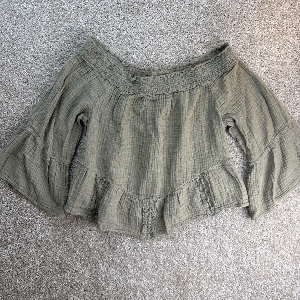American Eagle Outfitters Blouse Womens L Green Off Shoulder Bell Sleeve Top
